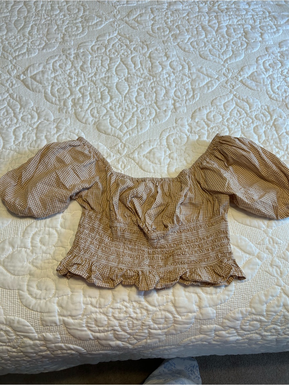 Japna Beige Gingham Puff-Sleeve Smocked Crop Top